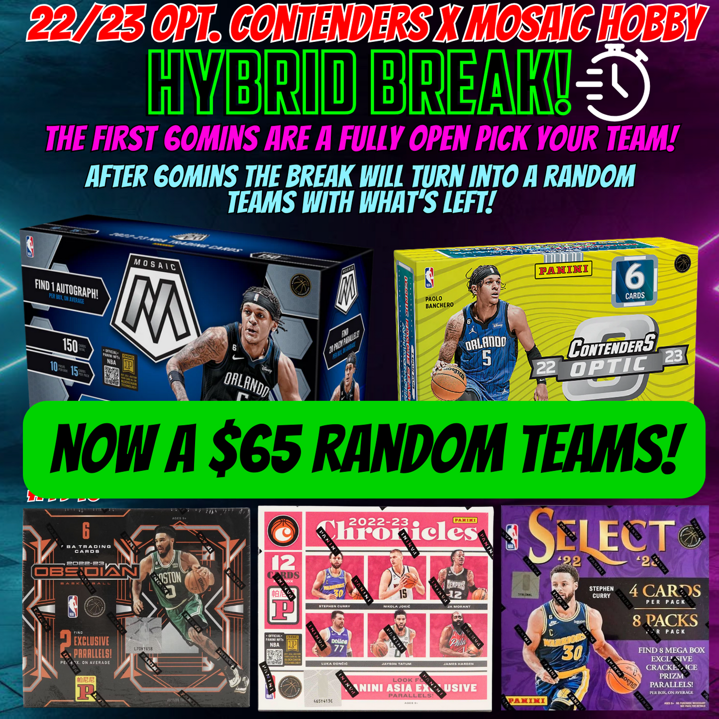 Break 1940 - NBA 22/23 Opt. Contenders x Mosaic Hobby 5 Box - Hybrid Break!