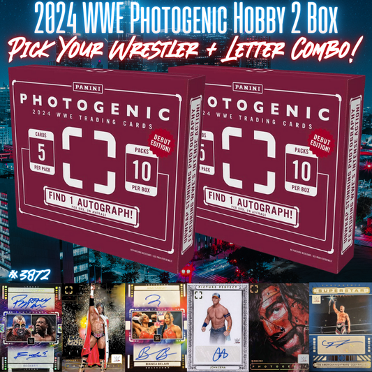 Break 3872 - 2024 WWE Photogenic Hobby - 2 Box - Pick Your Superstar & Letter Combo