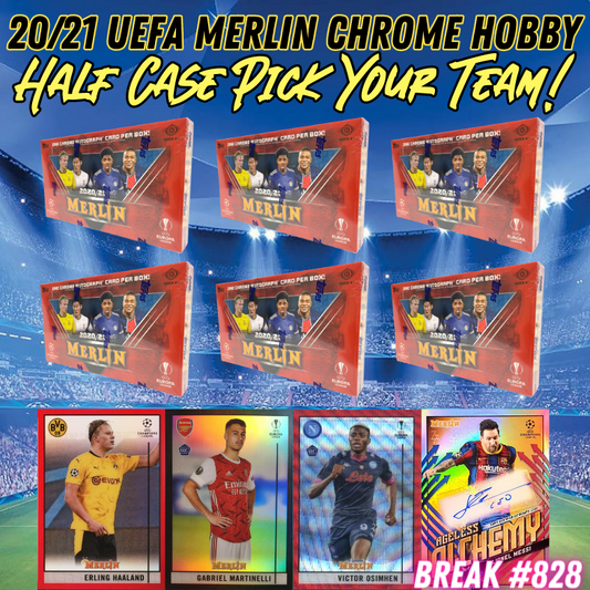 Break 828 - 20/21 UEFA Merlin Chrome Hobby - Half Case - 6 Box Pick Your Team